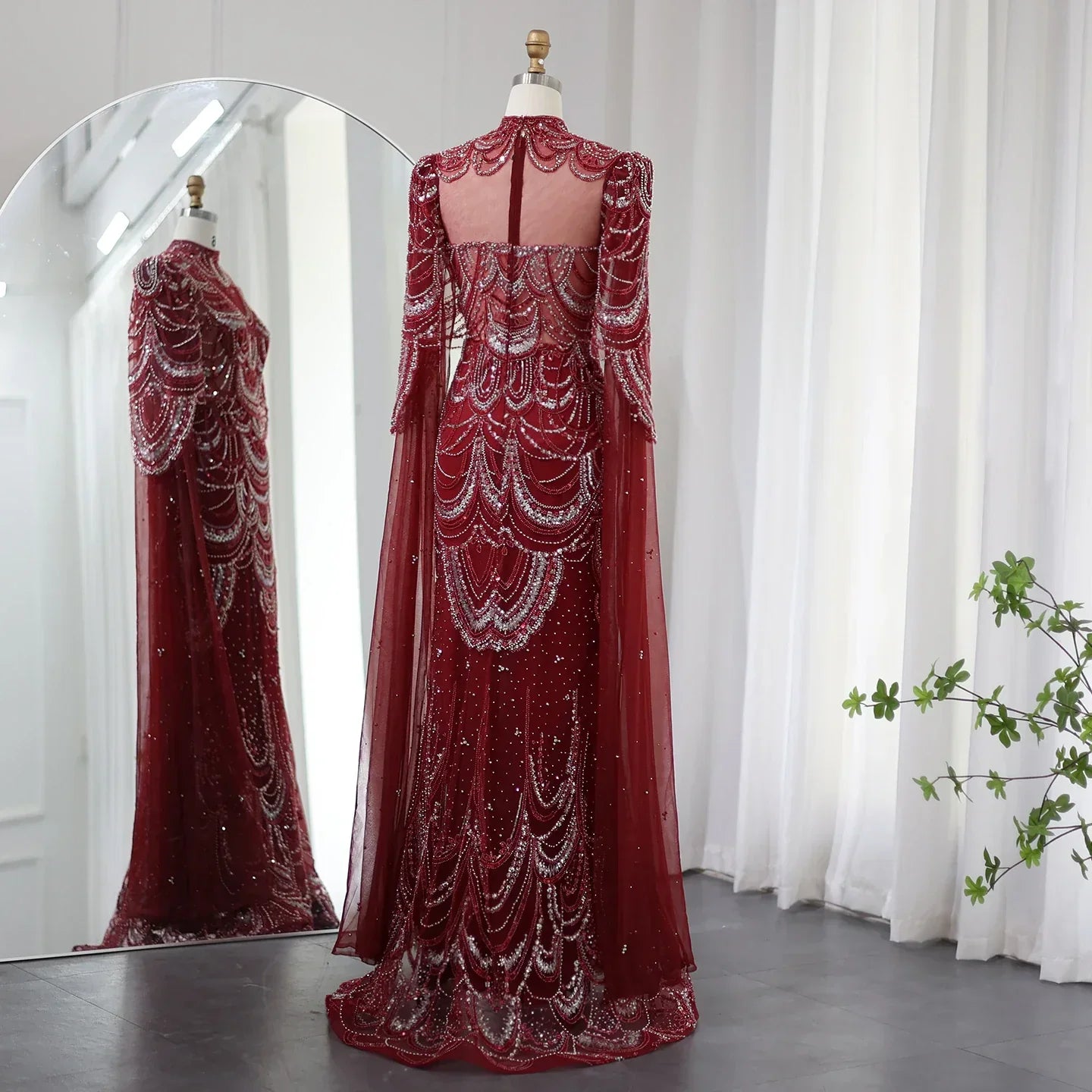 Luxury Burgundy Mermaid Evening Dresses with Cape Sleeves SS145