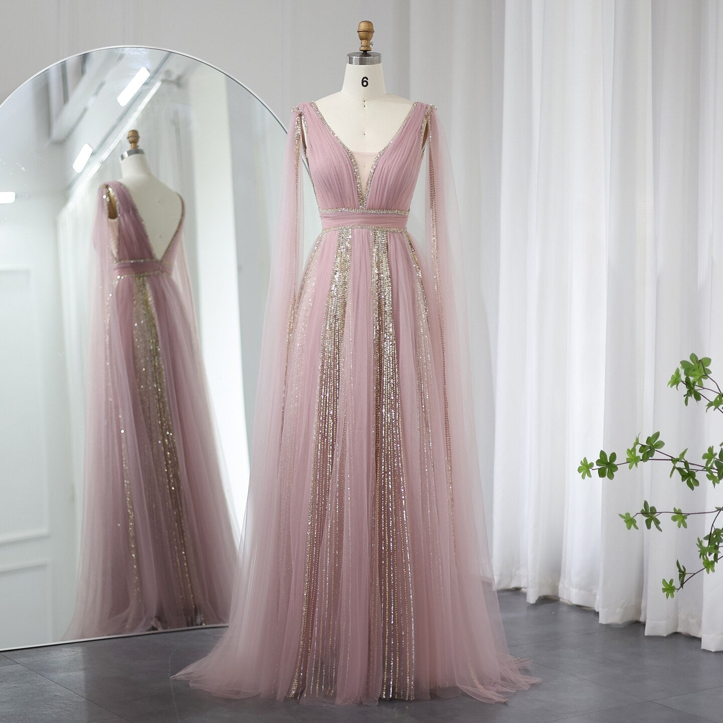 Luxury Sequined Pink Evening Dress with Cape Sleeves SS010