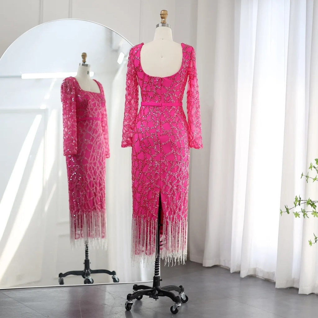 Luxury Tassel Hot Pink Square Neck Long Sleeves Evening Dress SS347