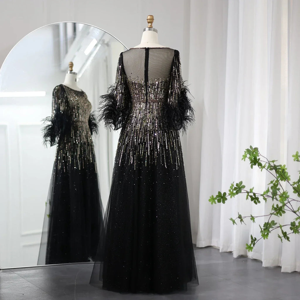 Luxury Feathers Black Half Sleeves A-Line Evening Dresses SS339