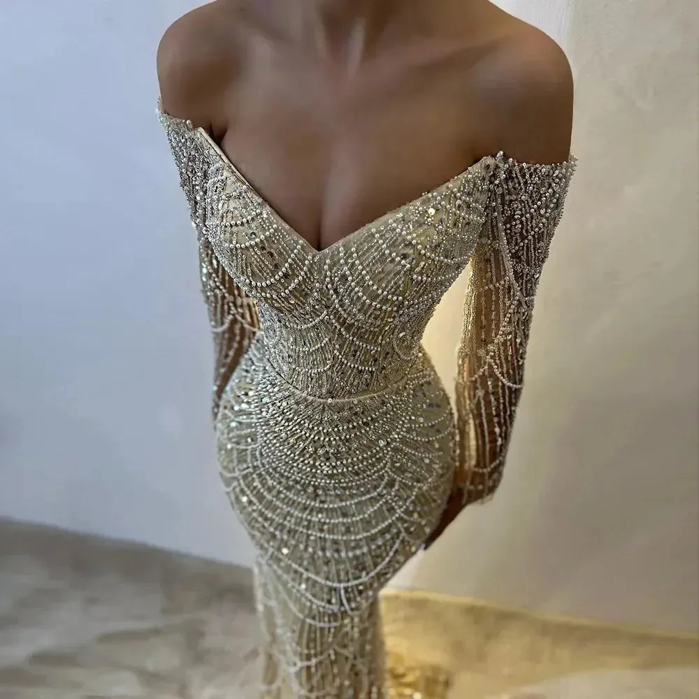 Elegant Pearls Champagne Mermaid Evening Dress SS609