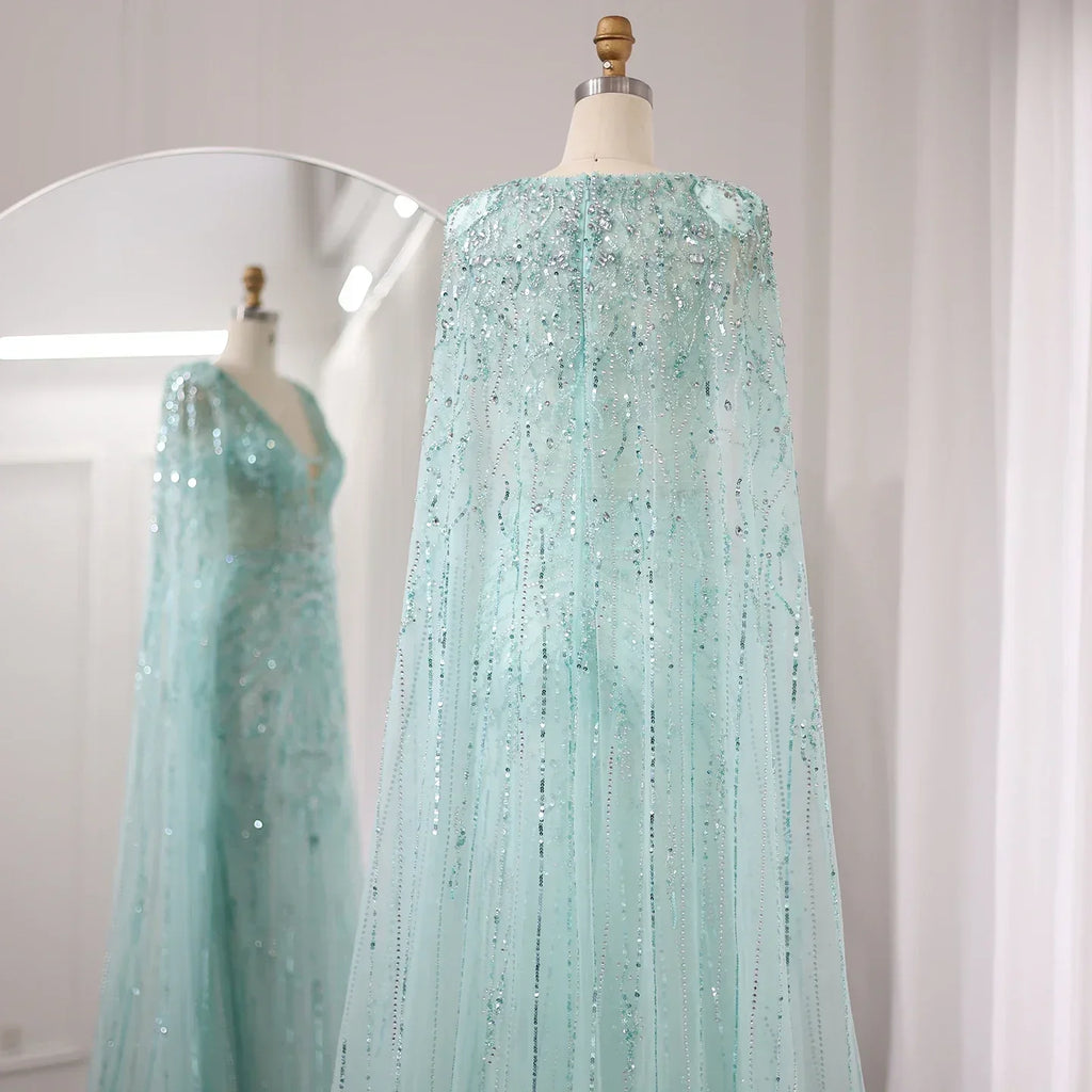 Luxury Turquoise V-Neck Mermaid Evening Dresses with Cape SS397