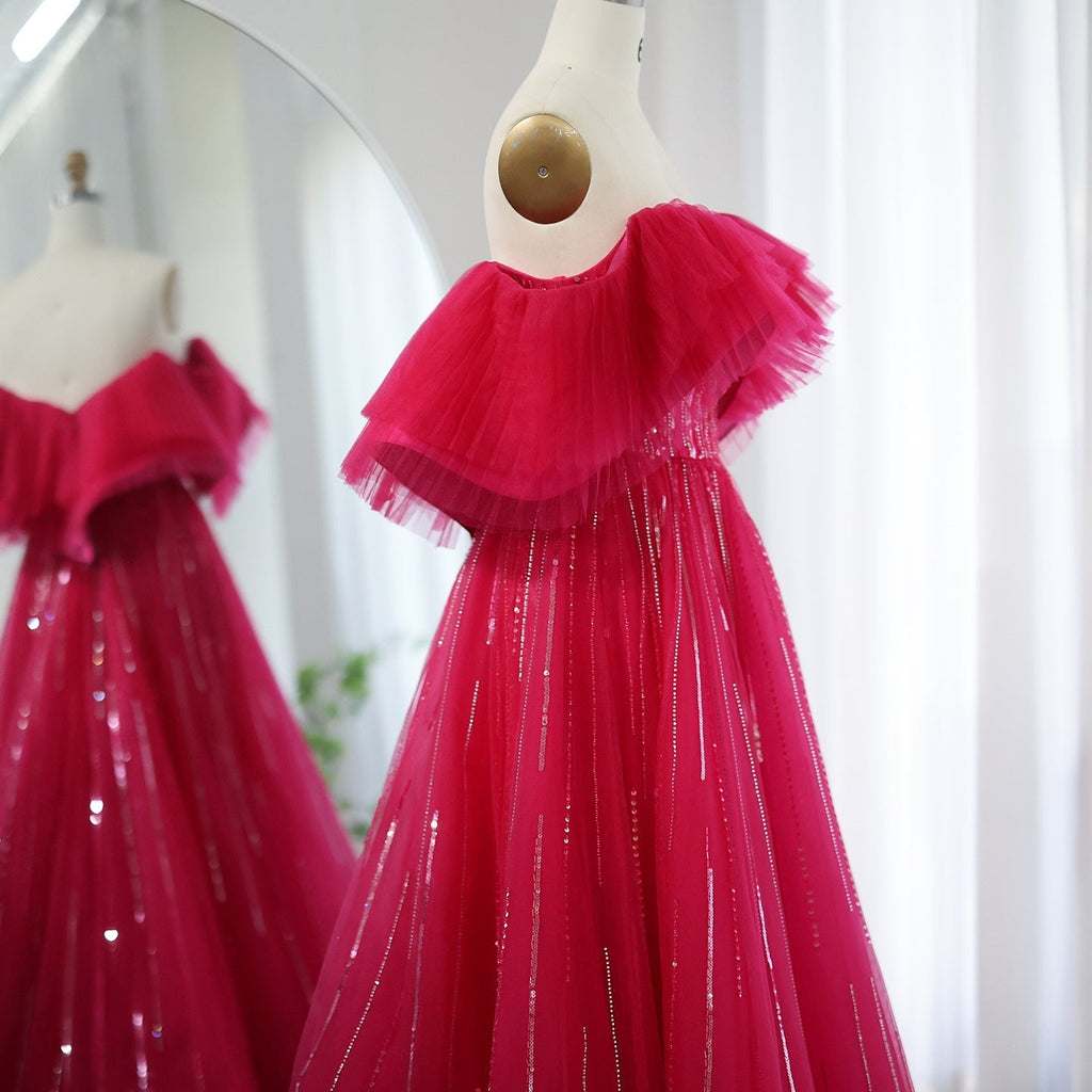 Luxury Fuchsia Off Shoulder A-Line Evening Dress SS390