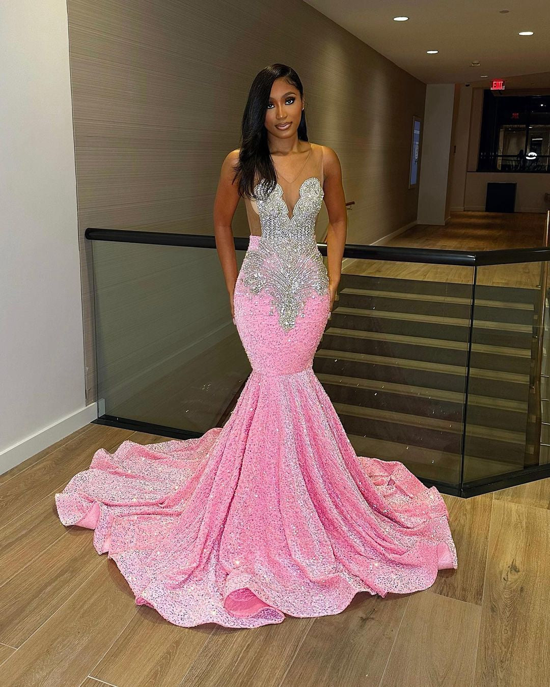 Luxury Pink Sequined Mermaid Crystal Prom Dresses with Train RM061