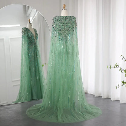 Luxury Dubai Green Evening Dresses with Cape Fuchsia Crystal Gold SS399