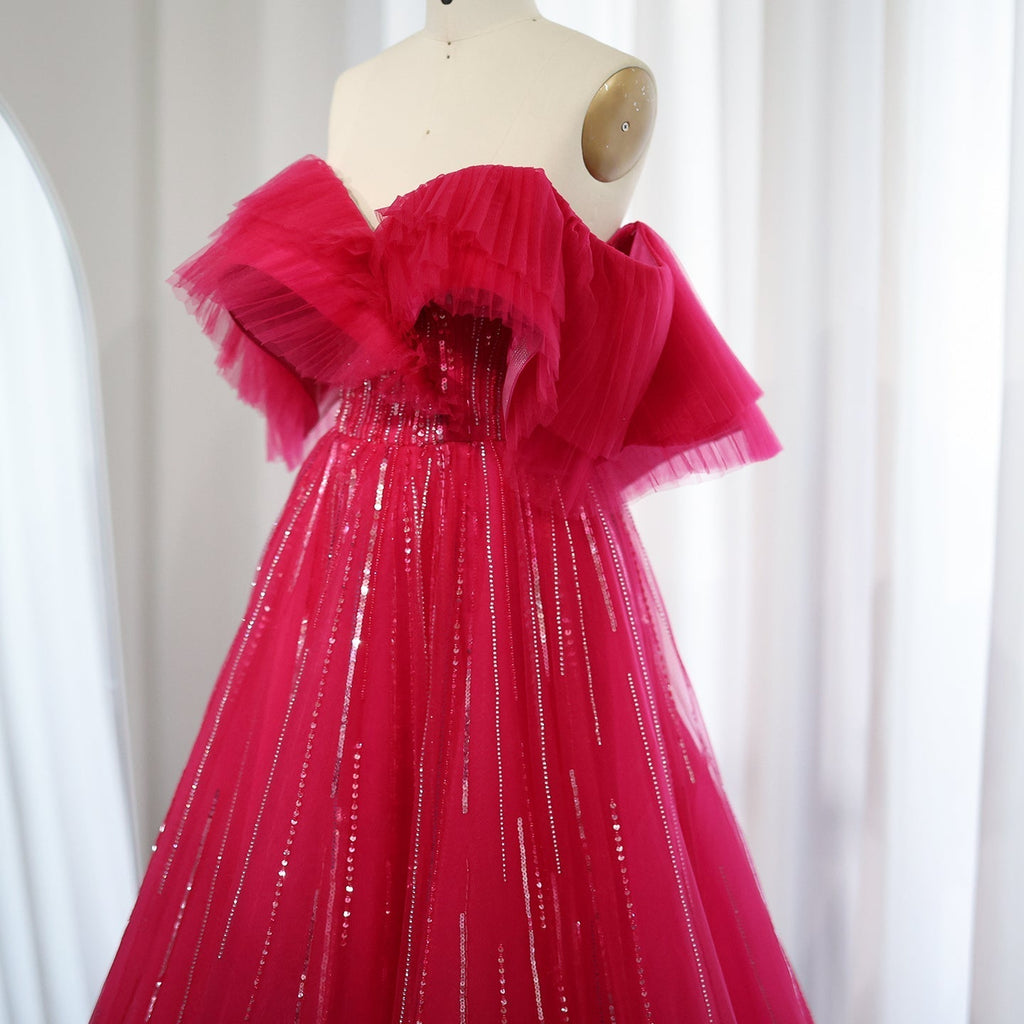Luxury Fuchsia Off Shoulder A-Line Evening Dress SS390