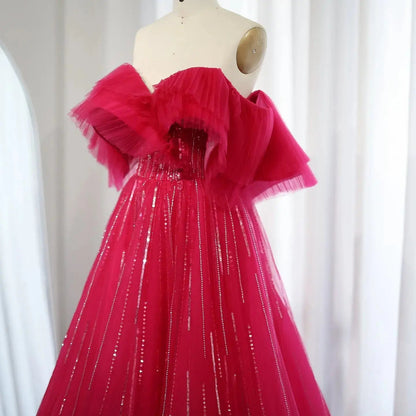Luxury Off Shoulder Ball Gown Fuchsia Evening Dress SS390