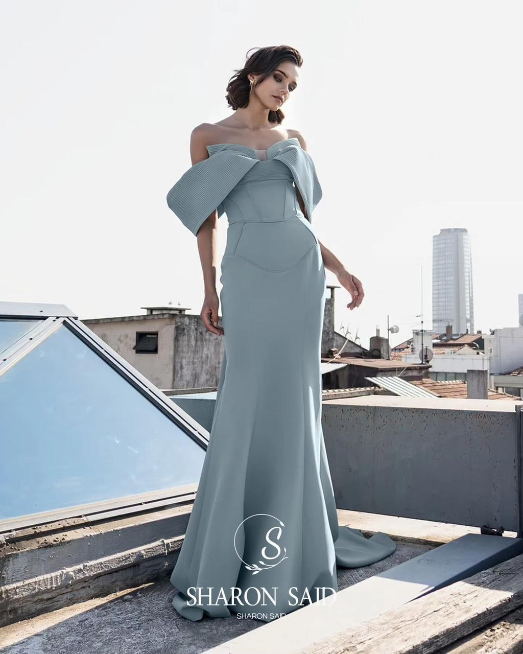 Elegant Light Blue Off Shoulder Mermaid Evening Dress with Overskirt SF530