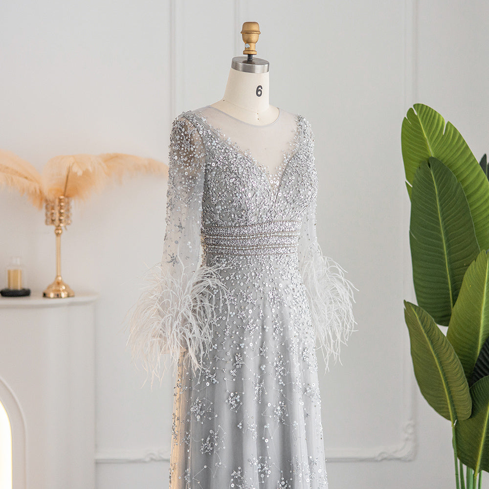 Elegant Beaded Champagne Feathers Long Sleeves Evening Dress SS101