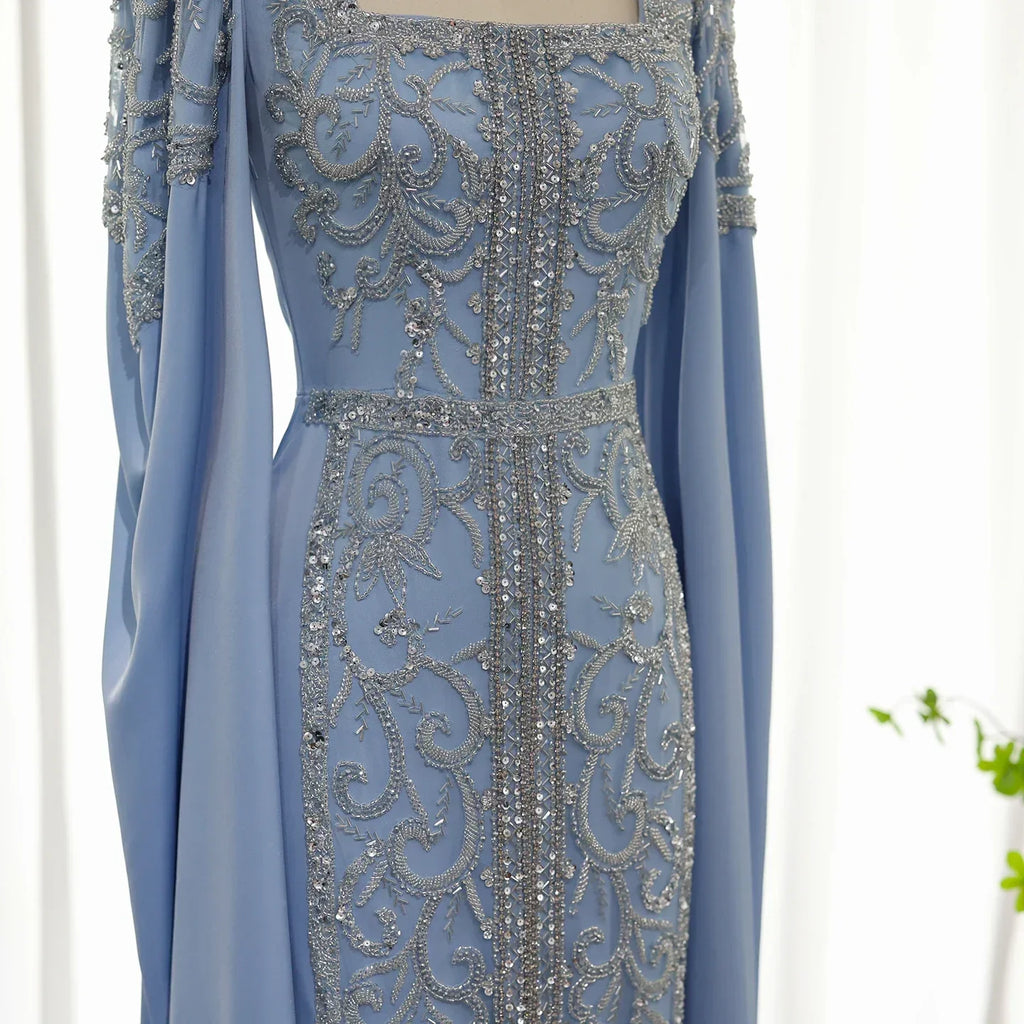 Luxury Blue Mermaid Evening Dress with Cape Sleeves SS365