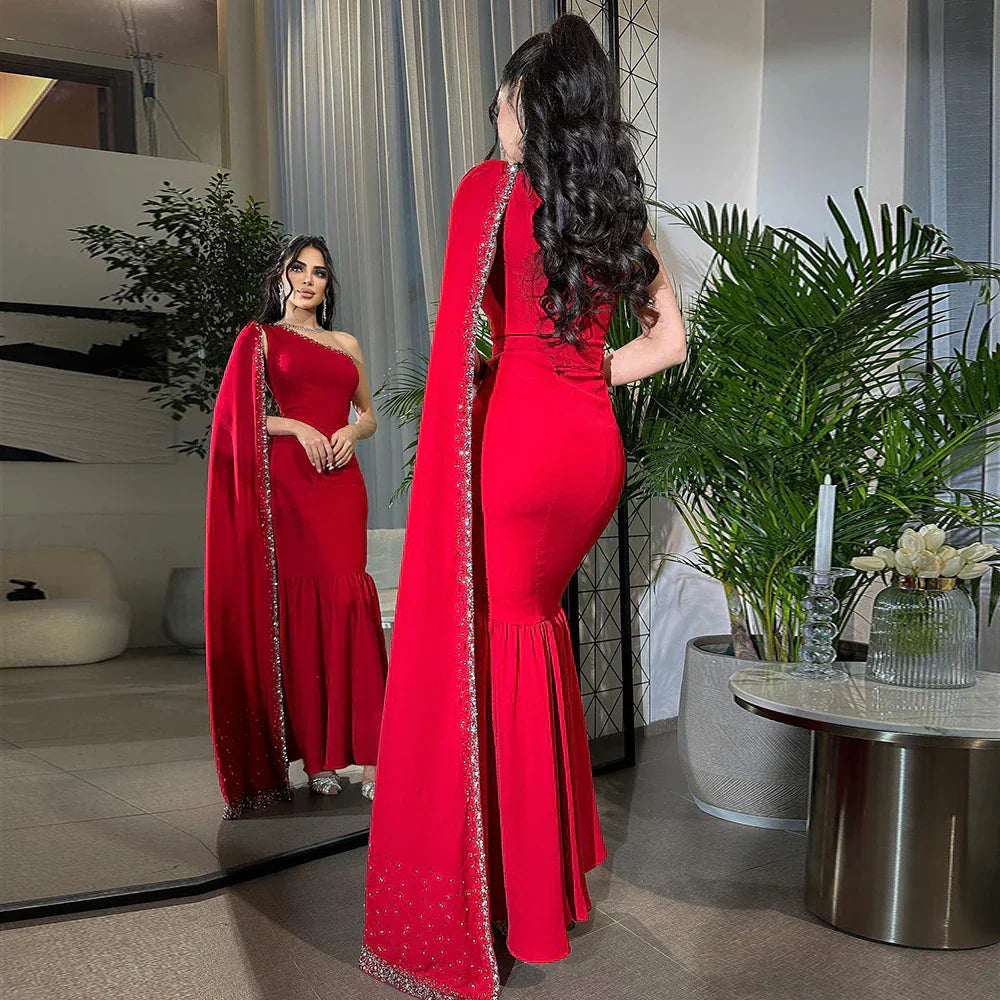 Luxury Burgundy One Shoulder Evening Dress with Cape Sleeve SS384