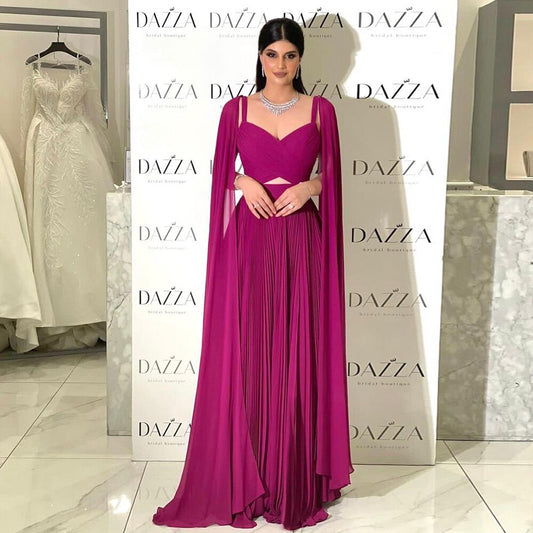 Elegant Fuchsia Chiffon Evening Dresses with Cape Sleeves SF090