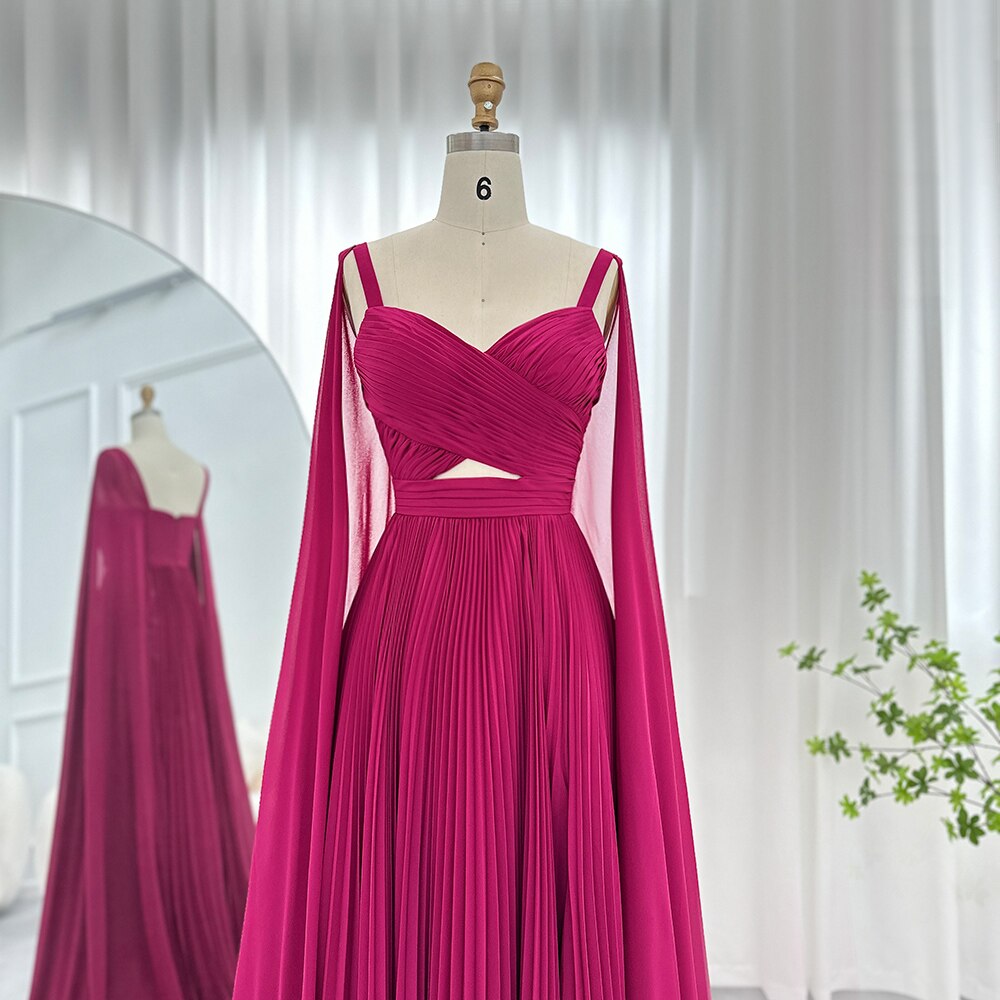 Elegant Fuchsia Chiffon Evening Dresses with Cape Sleeves SF090