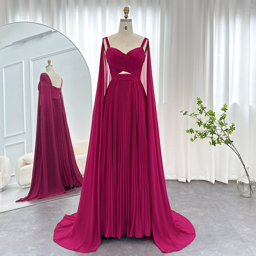 Elegant Fuchsia Chiffon Evening Dresses with Cape Sleeves SF090