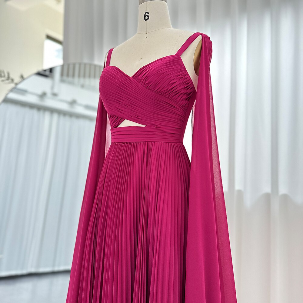 Elegant Fuchsia Chiffon Evening Dresses with Cape Sleeves SF090