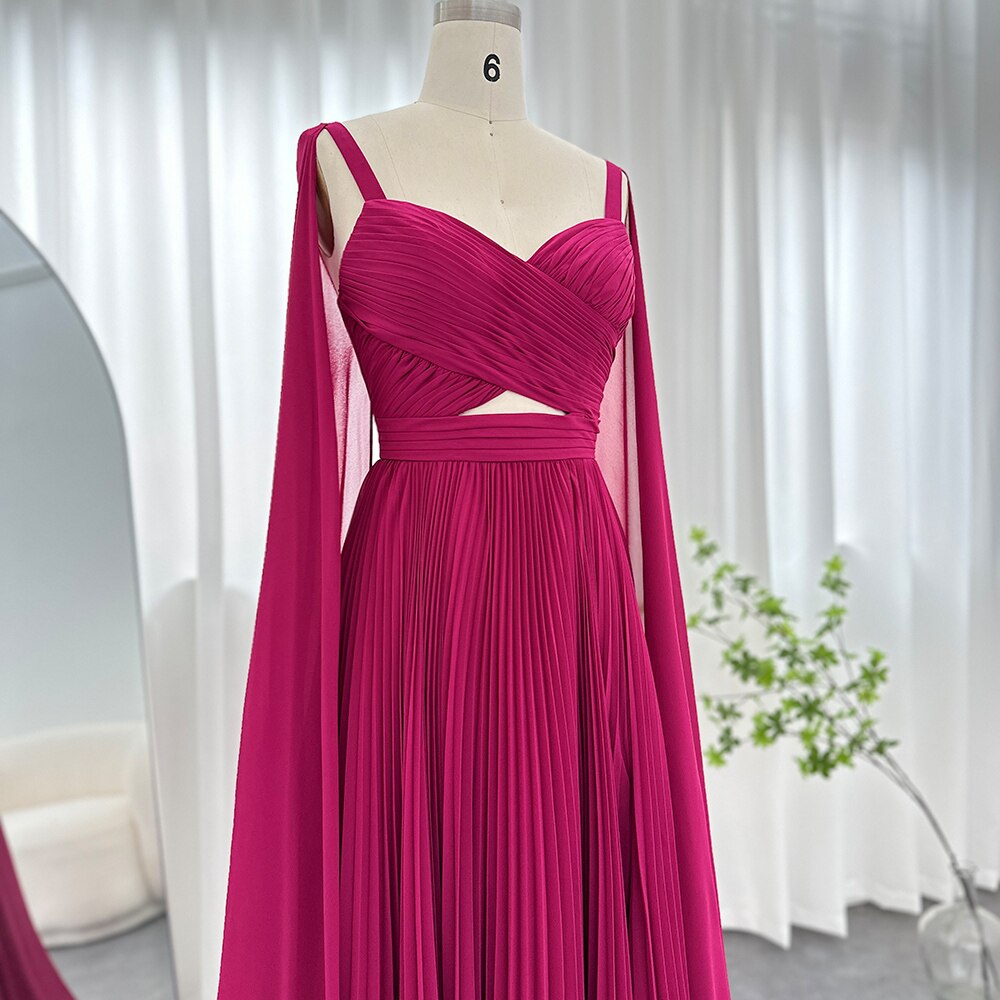 Elegant Fuchsia Chiffon Evening Dresses with Cape Sleeves SF090