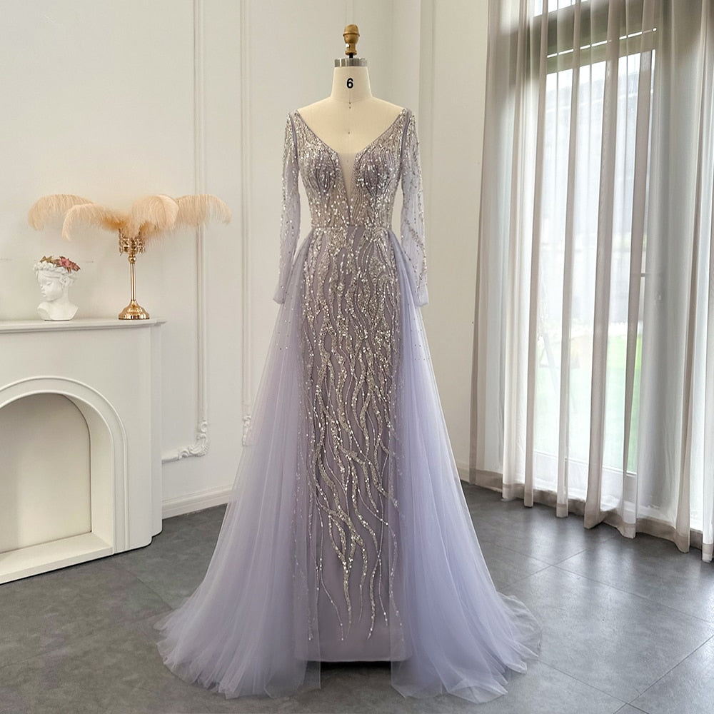 Elegant Beaded Lilac Mermaid Evening Dresses with Overskirt SS234