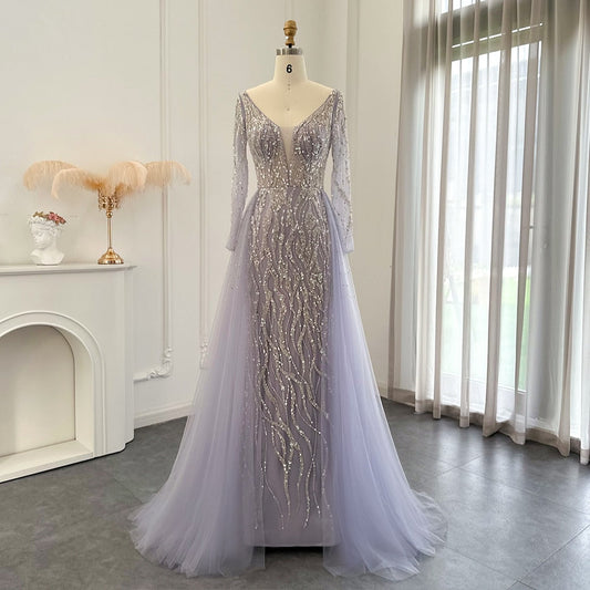 Elegant Beaded Lilac Mermaid Evening Dresses with Overskirt SS234