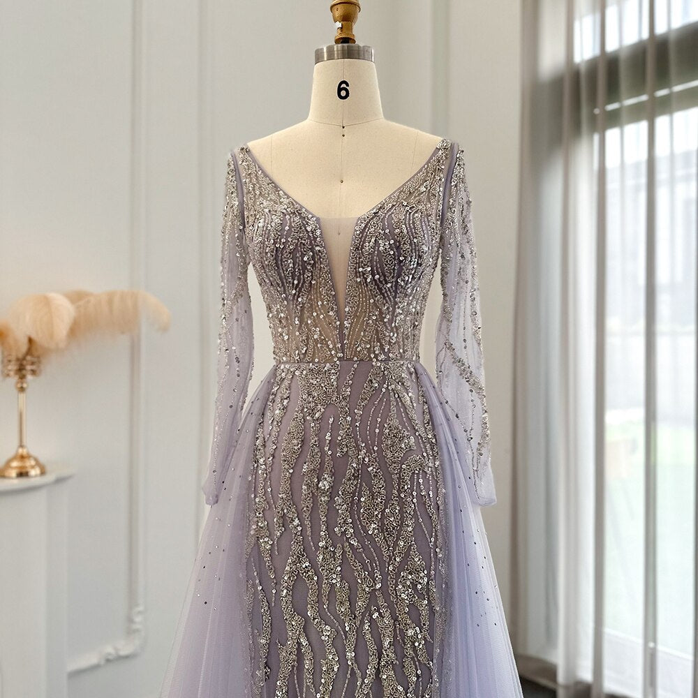 Elegant Beaded Lilac Mermaid Evening Dresses with Overskirt SS234