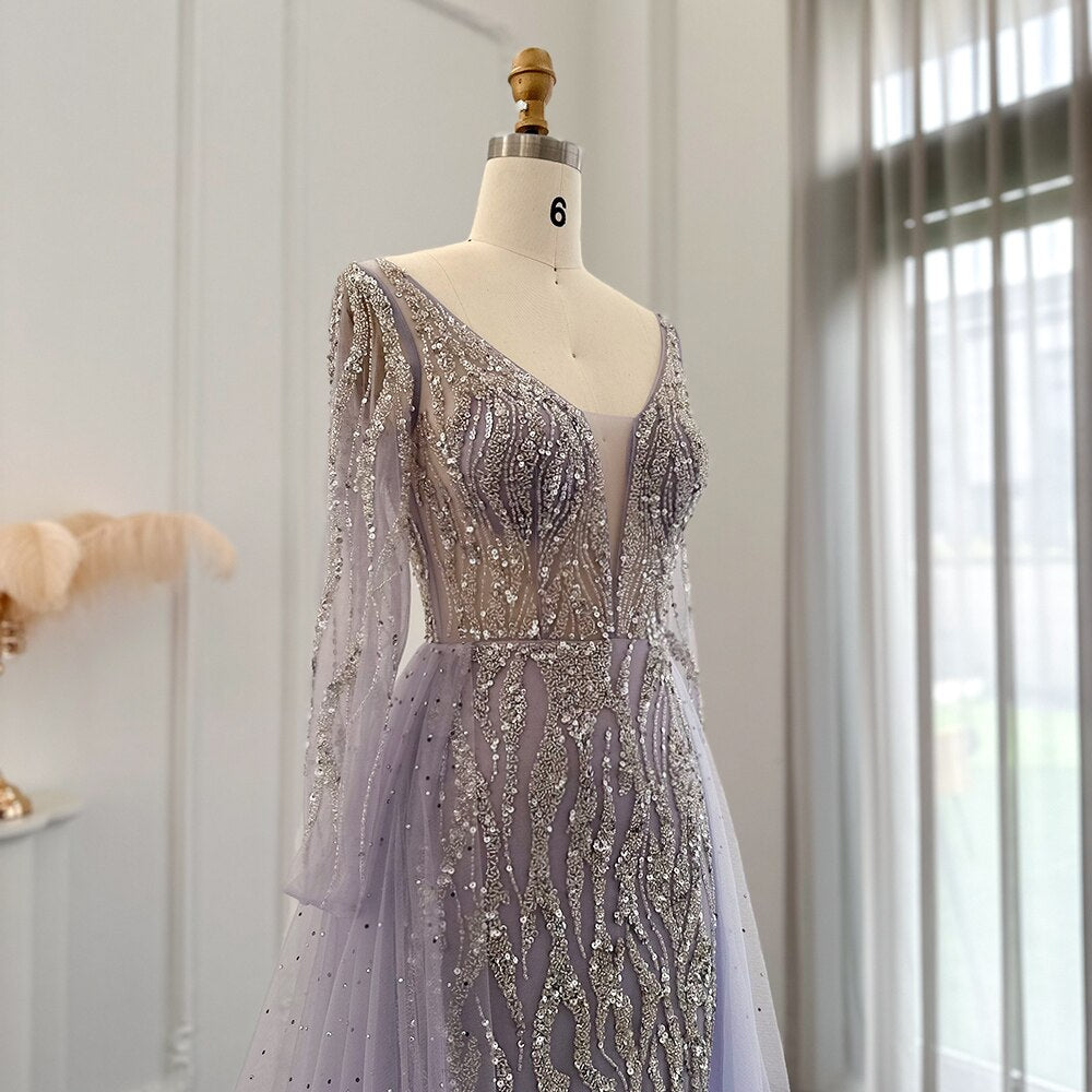 Elegant Beaded Lilac Mermaid Evening Dresses with Overskirt SS234
