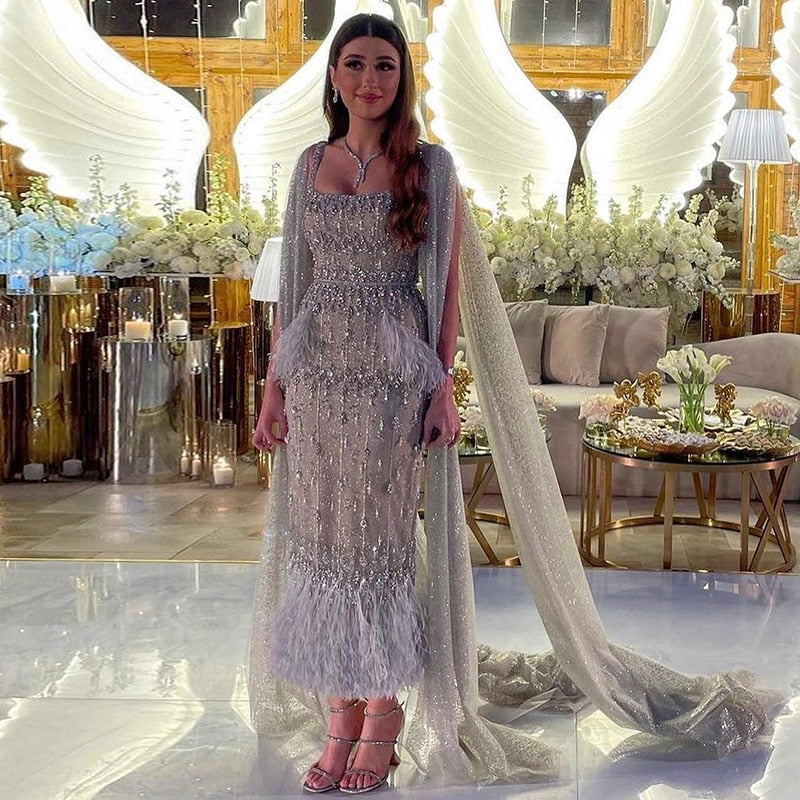 Luxury Feathers Gray Mermaid Evening Dress with Cape SS279
