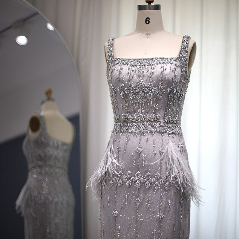 Luxury Feathers Gray Mermaid Evening Dress with Cape SS279