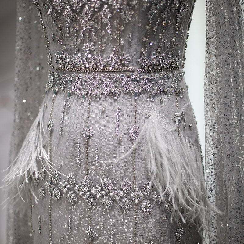Luxury Feathers Gray Mermaid Evening Dress with Cape SS279