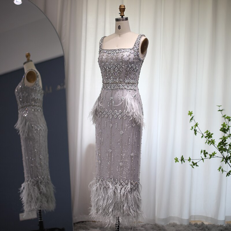 Luxury Feathers Gray Mermaid Evening Dress with Cape SS279