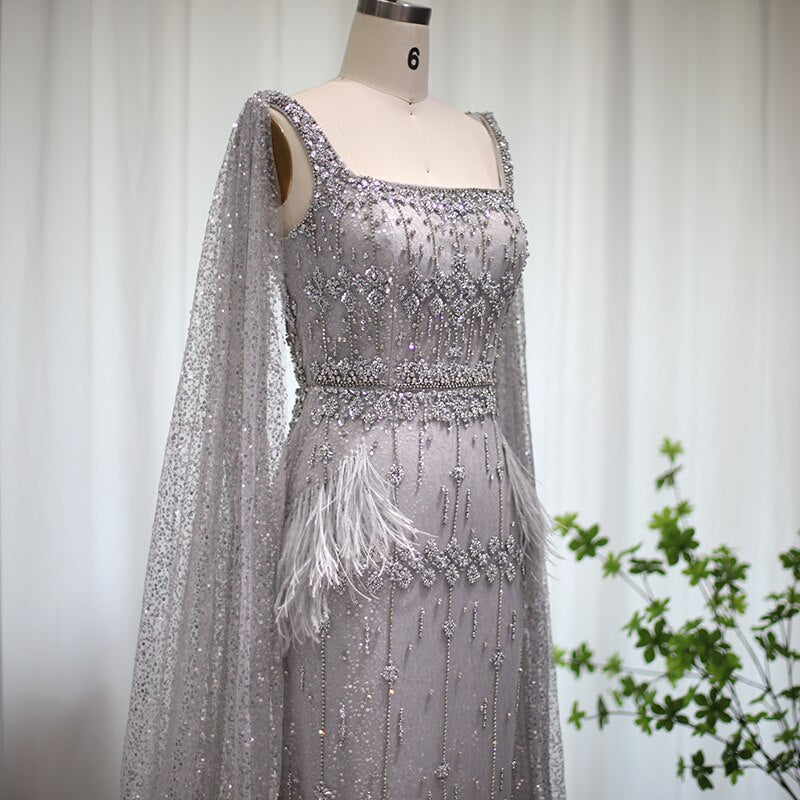 Luxury Feathers Gray Mermaid Evening Dress with Cape SS279