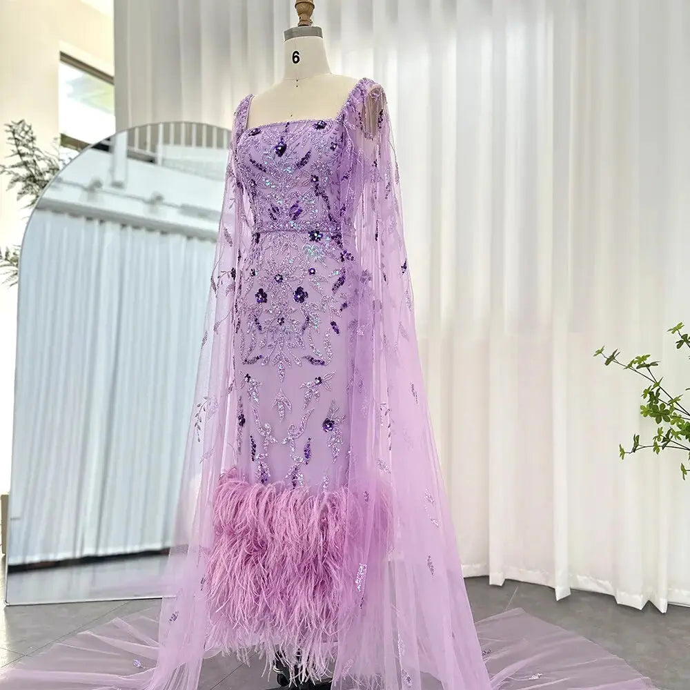 Luxury Feathers Lilac Evening Dress with Cape Sleeves SS381