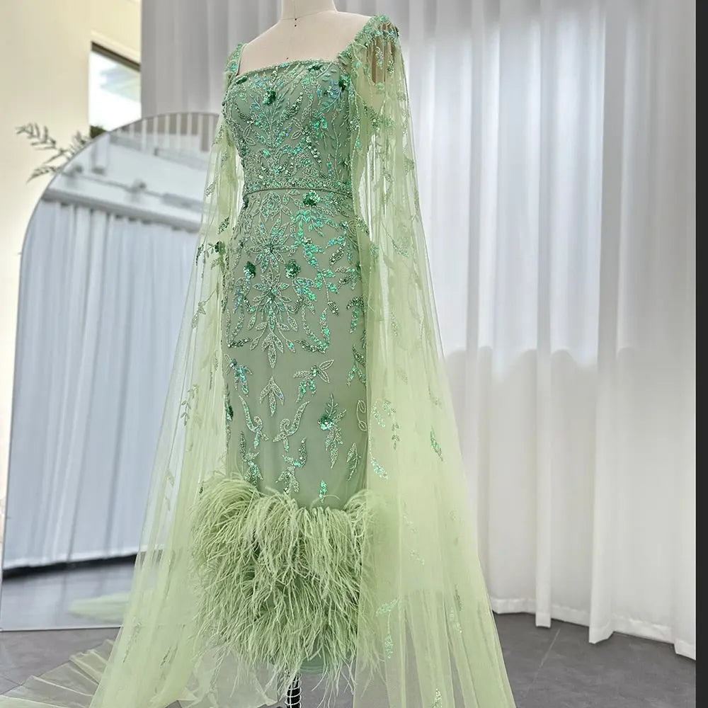 Luxury Feathers Lilac Evening Dress with Cape Sleeves SS381
