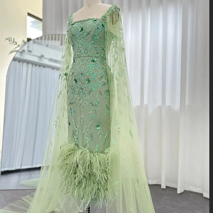 Luxury Feathers Lilac Evening Dress with Cape Sleeves SS381