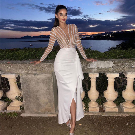 Elegant White Long Sleeve Midi Mermaid Evening Dress SS270L