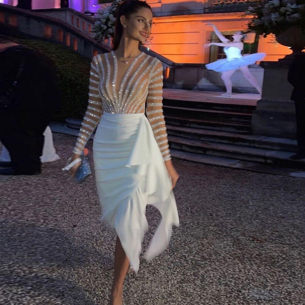 Elegant White Long Sleeve Midi Mermaid Evening Dress SS270L