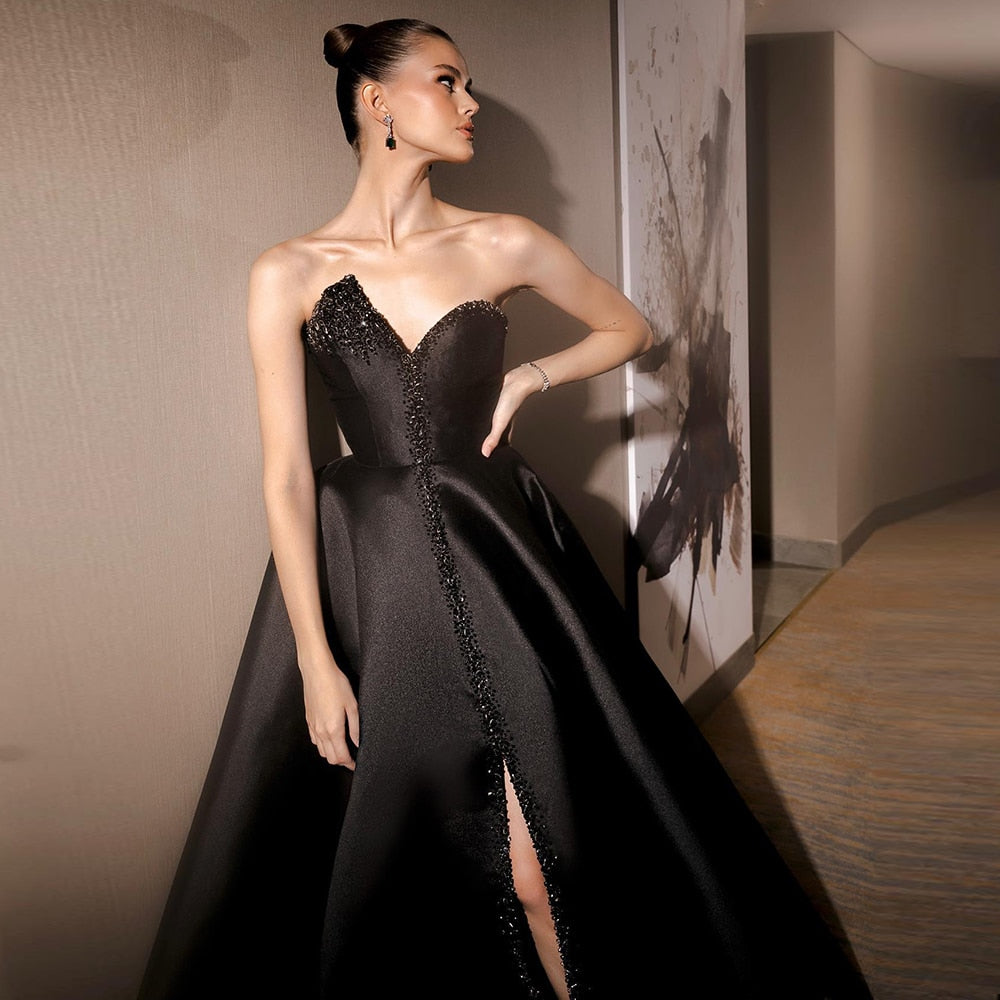 Elegant Crystal Black Long Evening Dresses with Slit SS364
