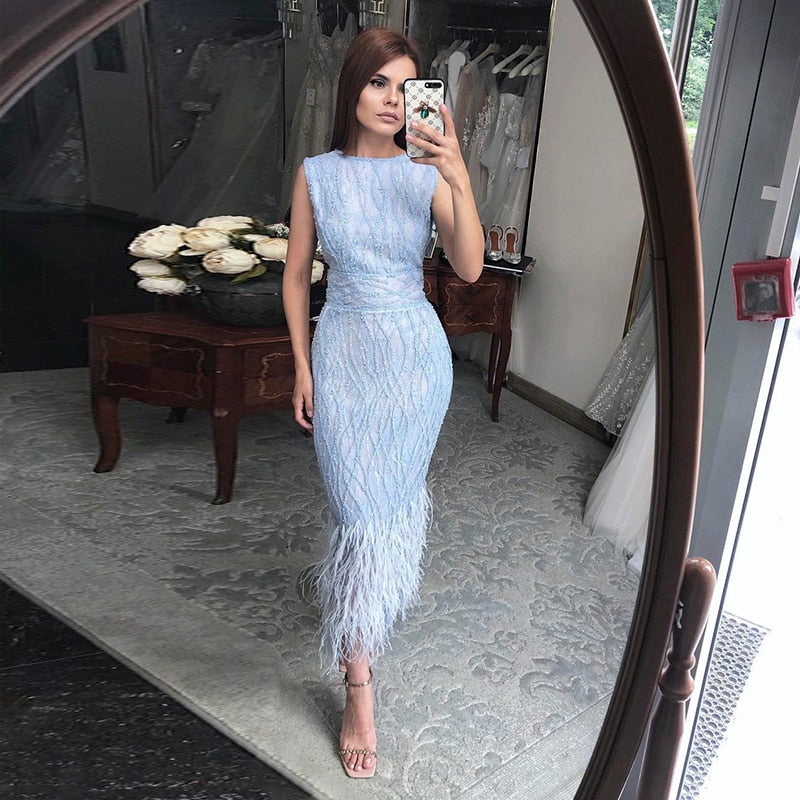 Elegant Beaded Light Blue Midi Evening Dress with Feathers SS499
