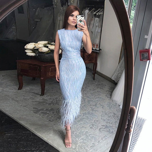 Elegant Beaded Light Blue Midi Evening Dress with Feathers SS499