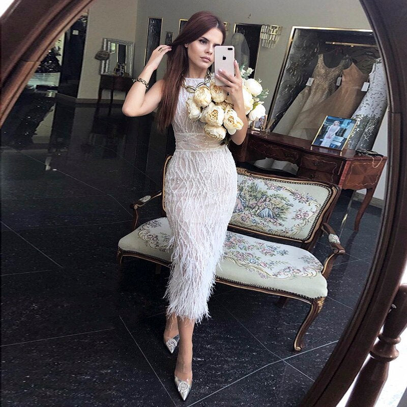 Elegant Beaded Light Blue Midi Evening Dress with Feathers SS499
