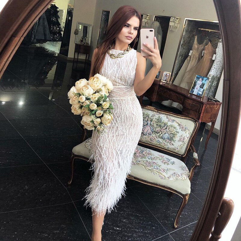 Elegant Beaded Light Blue Midi Evening Dress with Feathers SS499