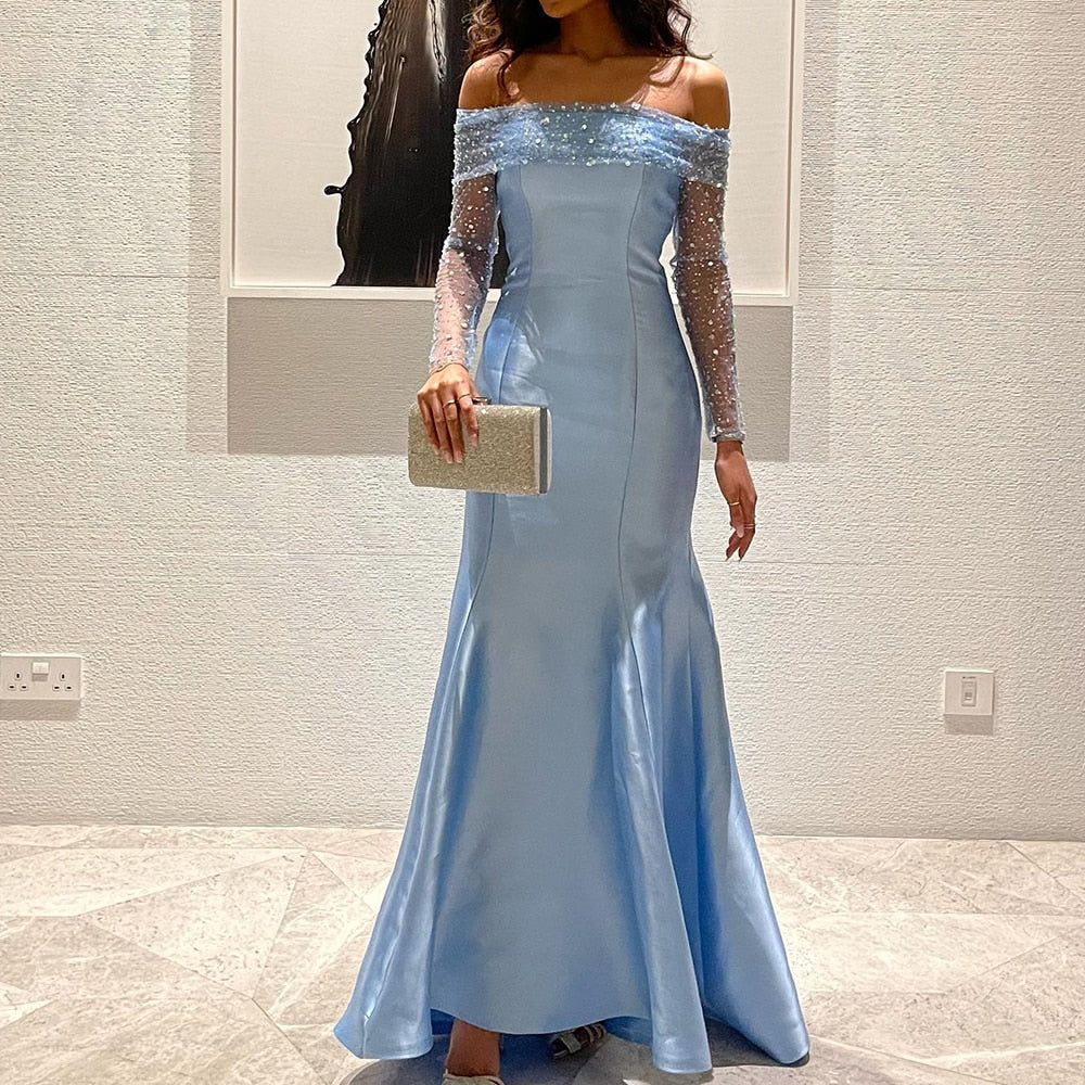 Elegant Off Shoulder Blue Long Sleeves Mermaid Evening Dress SF079