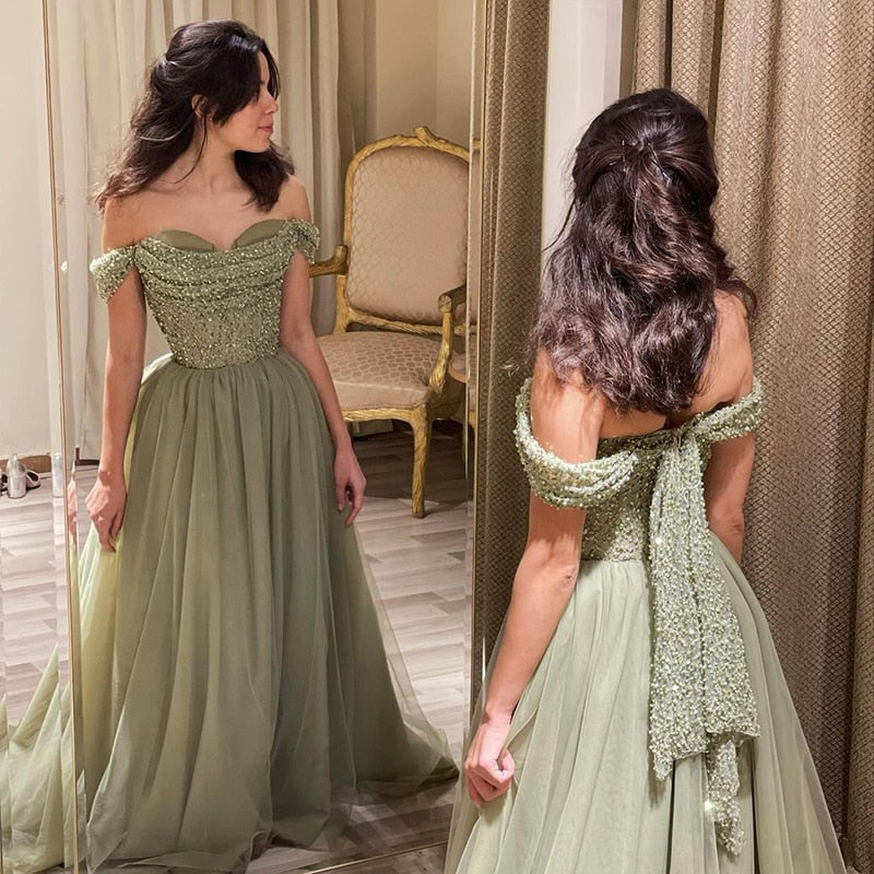 Elegant Beaded Sage Green Off Shoulder Evening Dress SS314