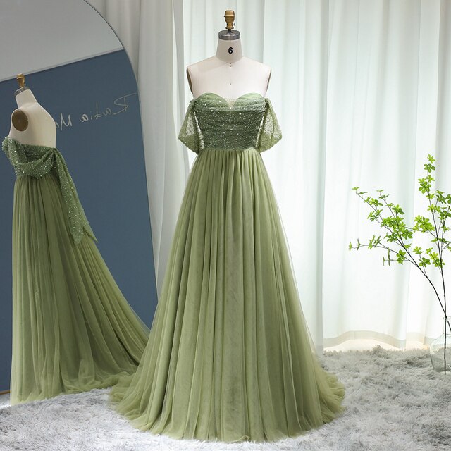 Elegant Beaded Sage Green Off Shoulder Evening Dress SS314