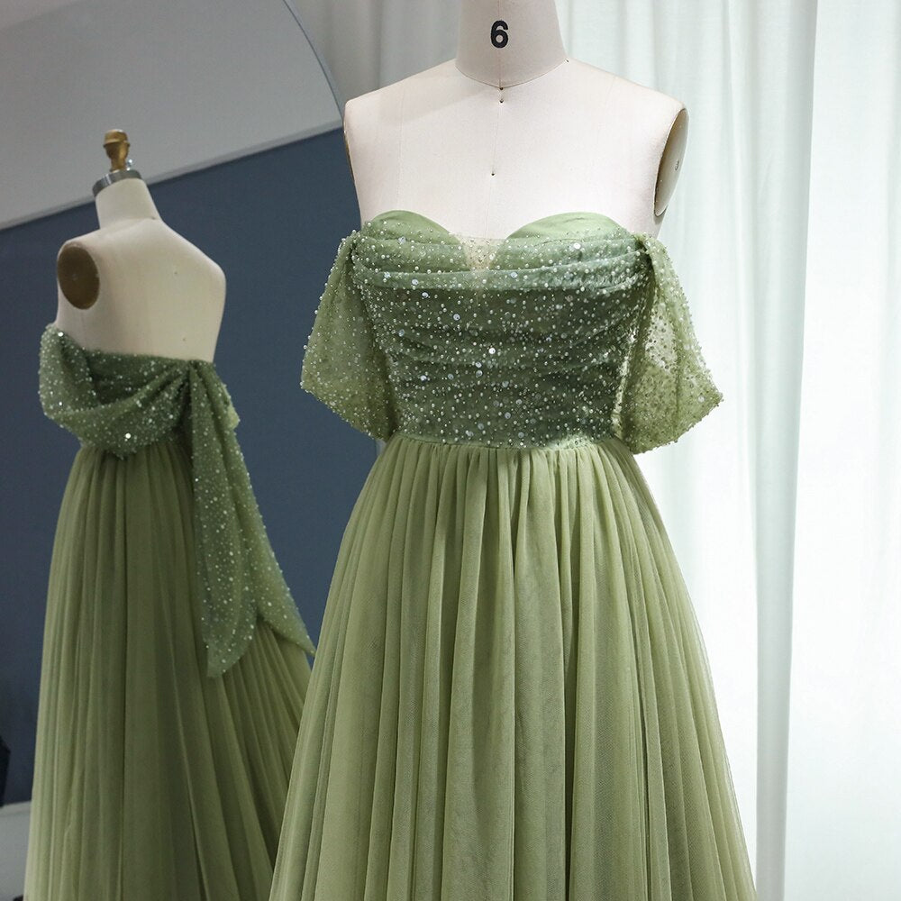 Elegant Beaded Sage Green Off Shoulder Evening Dress SS314
