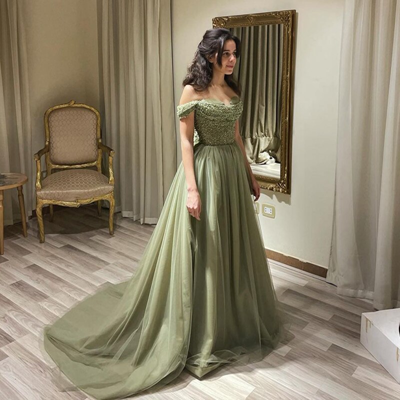 Elegant Beaded Sage Green Off Shoulder Evening Dress SS314