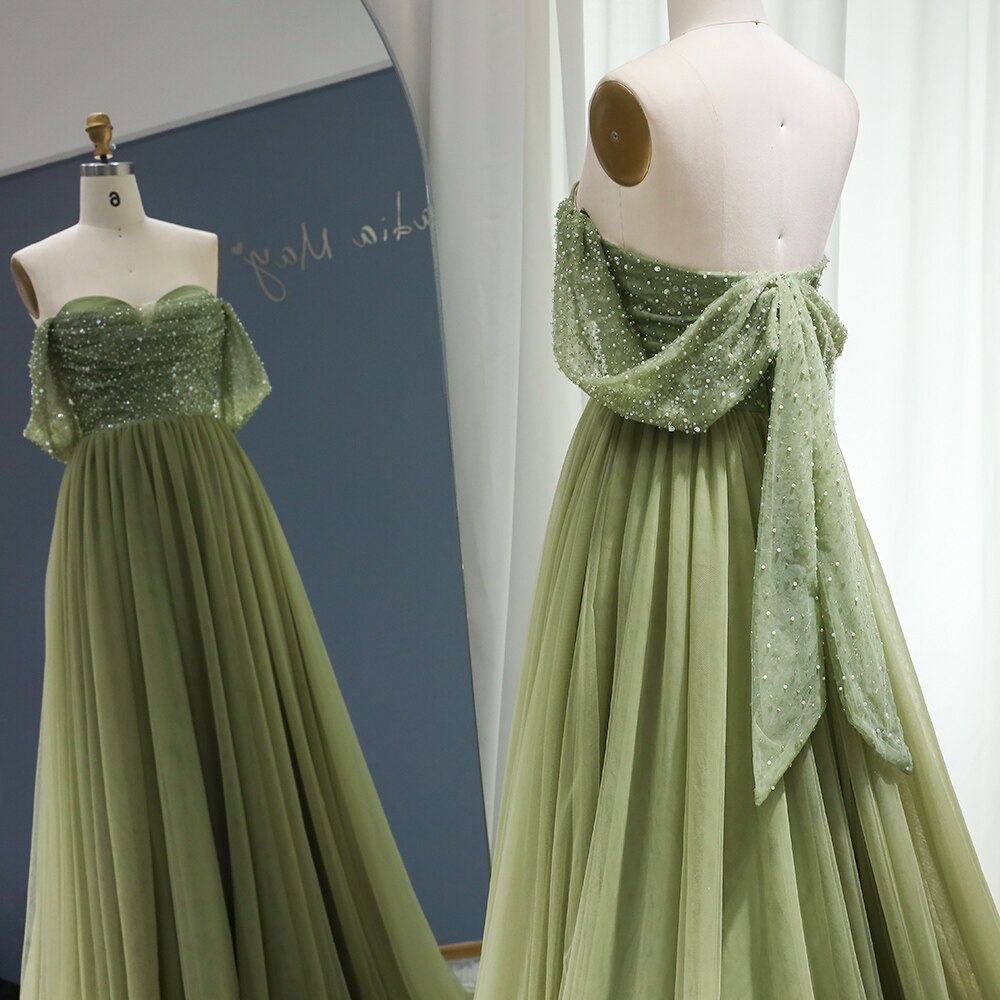 Elegant Beaded Sage Green Off Shoulder Evening Dress SS314