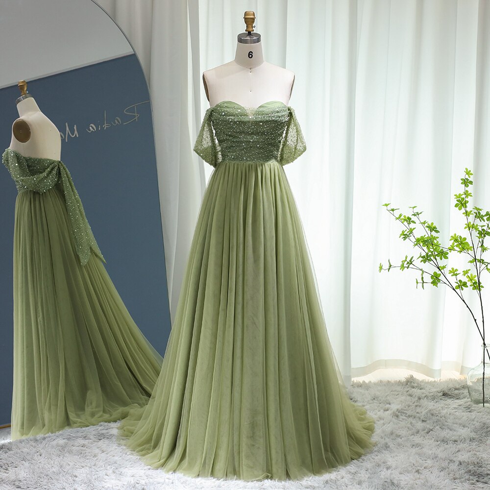 Elegant Beaded Sage Green Off Shoulder Evening Dress SS314