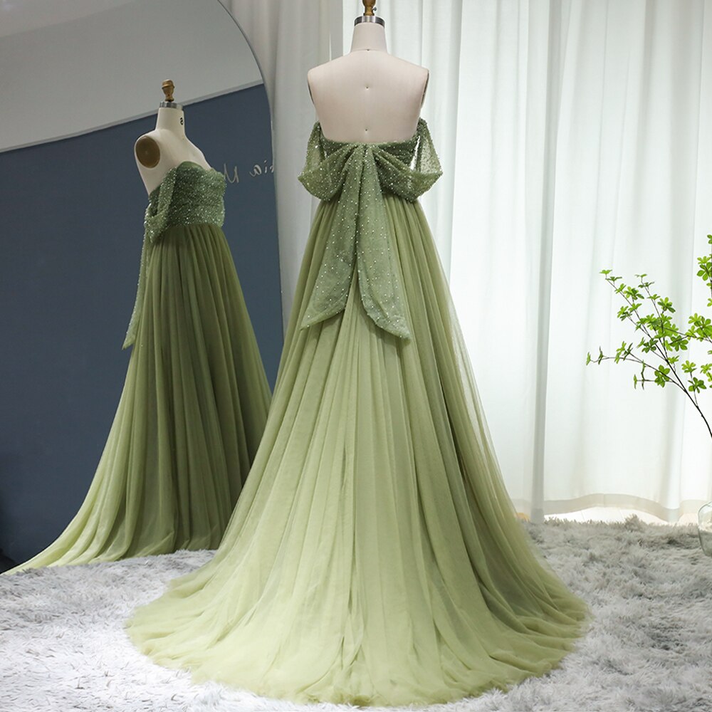 Elegant Beaded Sage Green Off Shoulder Evening Dress SS314