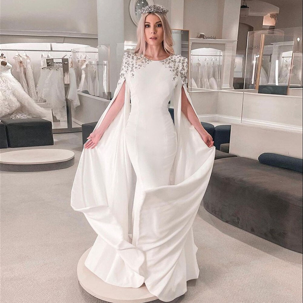 Elegant White Mermaid Evening Dress with Cape Sleeves SF280