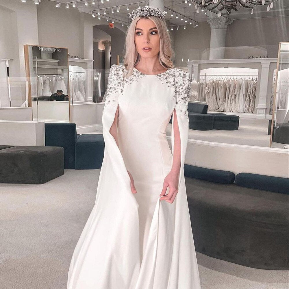 Elegant White Mermaid Evening Dress with Cape Sleeves SF280