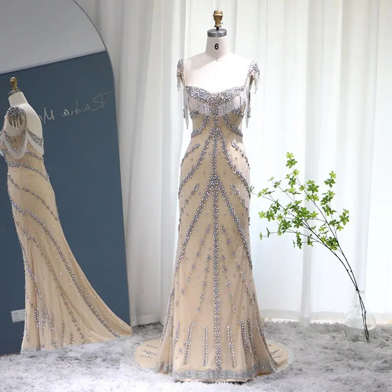 Luxury Crystal Tassel Nude Mermaid Evening Dress SS358